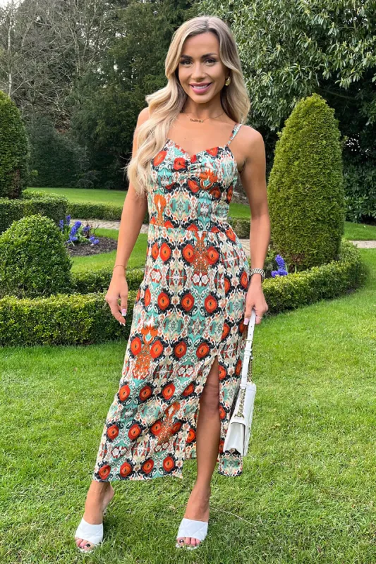 Multi Abstract Print Strappy Midi Dress sold by AX Paris