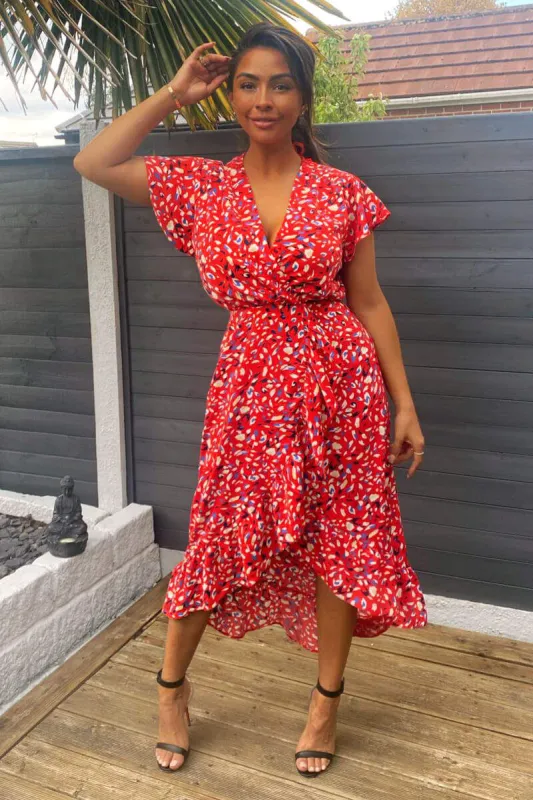 Red Abstract Print Wrap Midi Dress sold by AX Paris