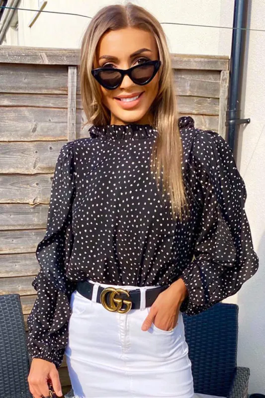 Black Spotty Frill Sleeve Top sold by AX Paris