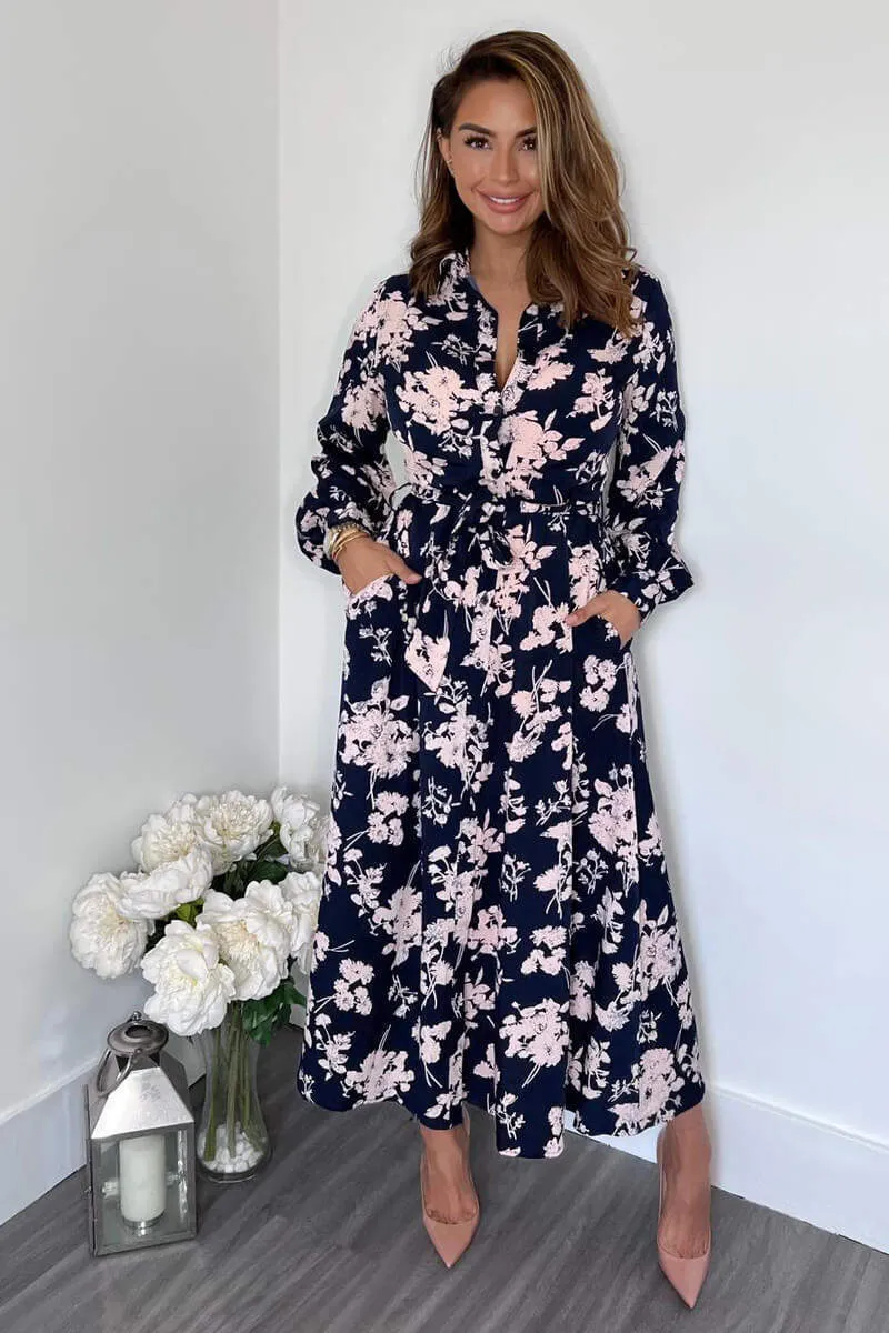 Navy And Pink Floral Button Up Midi Shirt Dress sold by AX Paris product image thumbnail 3