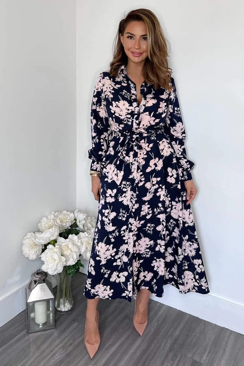 Navy And Pink Floral Button Up Midi Shirt Dress sold by AX Paris product image thumbnail 4