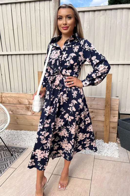 Navy And Pink Floral Button Up Midi Shirt Dress sold by AX Paris