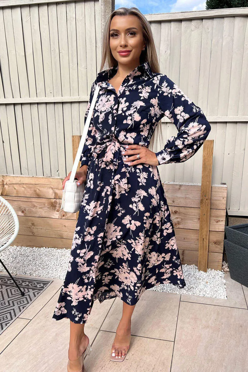 Navy And Pink Floral Button Up Midi Shirt Dress sold by AX Paris