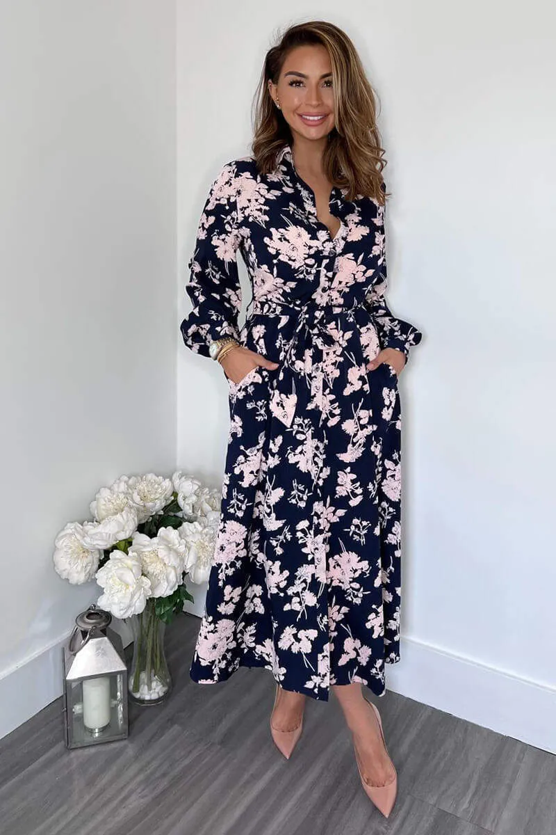 Navy And Pink Floral Button Up Midi Shirt Dress sold by AX Paris product image thumbnail 5