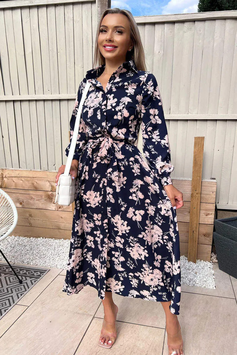 Navy And Pink Floral Button Up Midi Shirt Dress sold by AX Paris product image thumbnail 2