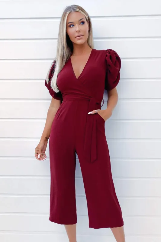 Plum Wrap Over Tie Waist Jumpsuit sold by AX Paris