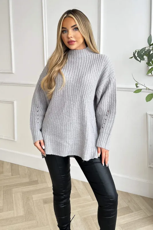 Grey Mock Neck Oversized Knit Jumper sold by AX Paris