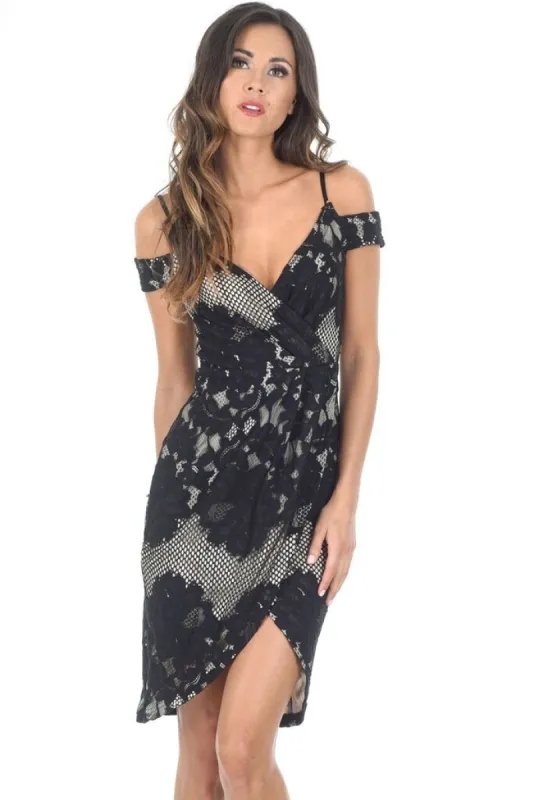 Black Contrast Lace Wrap Dress sold by AX Paris