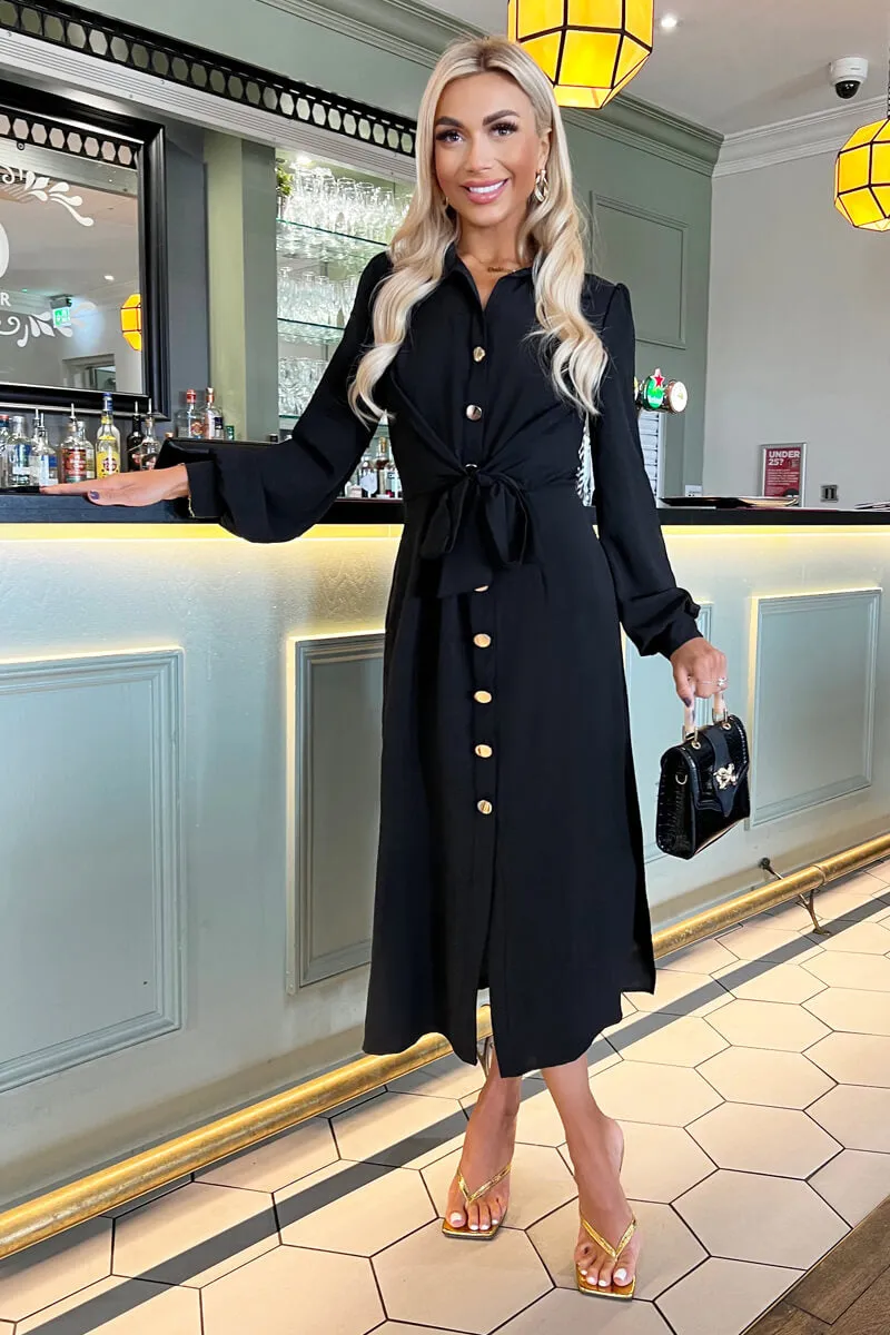 Black Button Front Tie Midi Shirt Dress sold by AX Paris