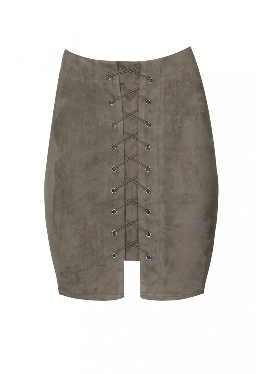 Khaki Suede Corset Detail Mini Skirt sold by AX Paris product image thumbnail 4
