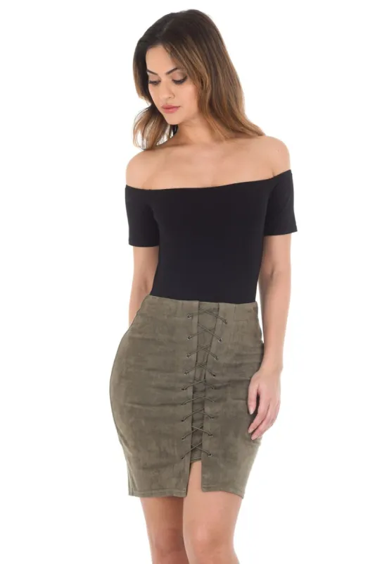 Khaki Suede Corset Detail Mini Skirt sold by AX Paris