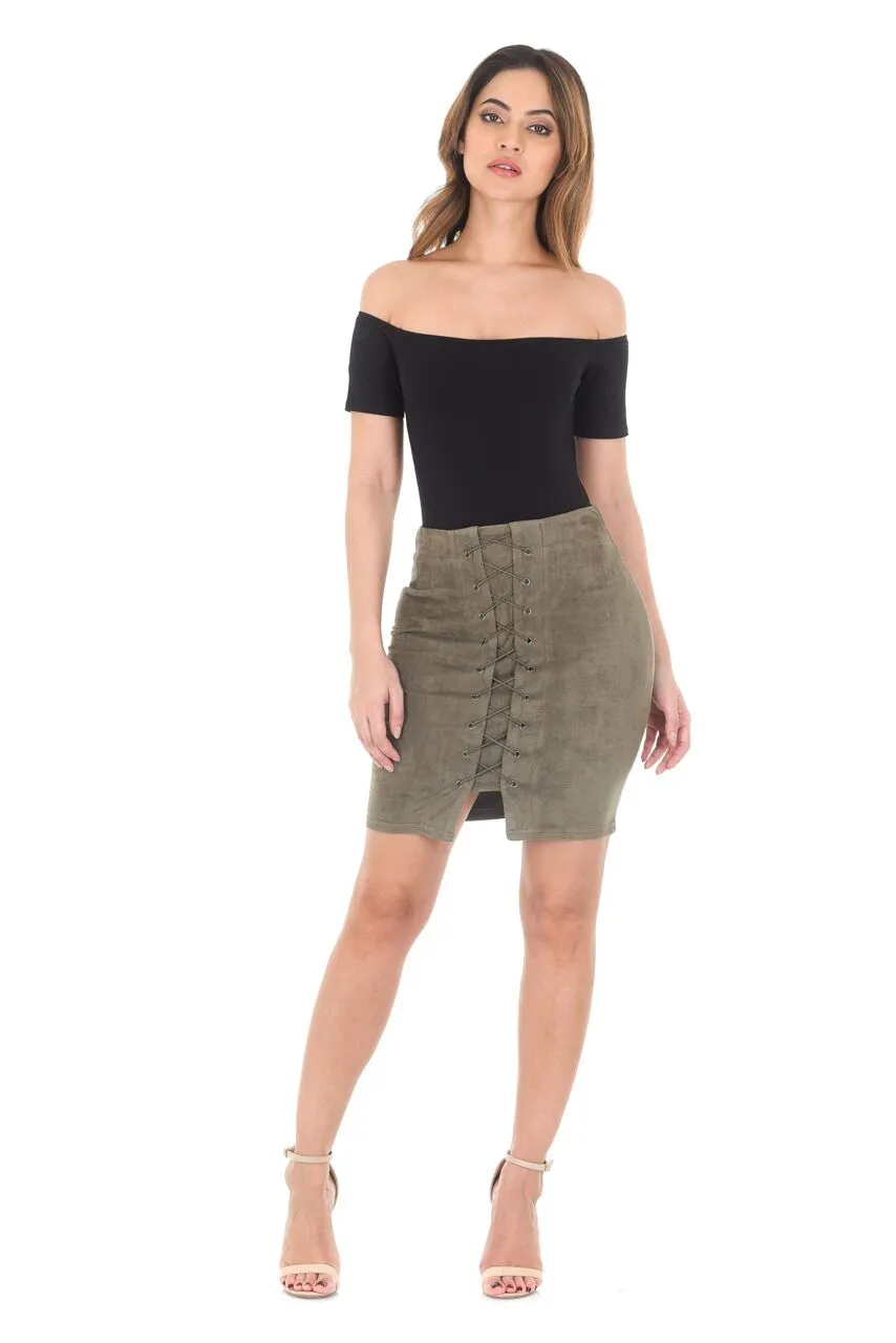 Khaki Suede Corset Detail Mini Skirt sold by AX Paris product image thumbnail 2