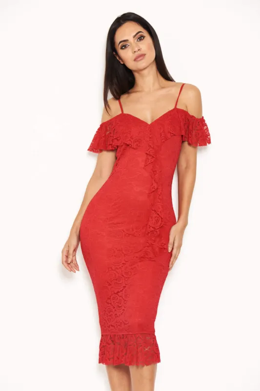 Red Lace Dress With Frill Detail sold by AX Paris