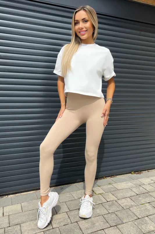 Stone High Rise Ribbed Active Leggings sold by AX Paris