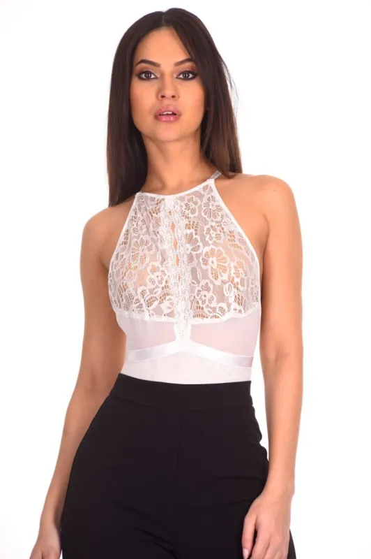 White Lace Mesh Open Back Bodysuit sold by AX Paris