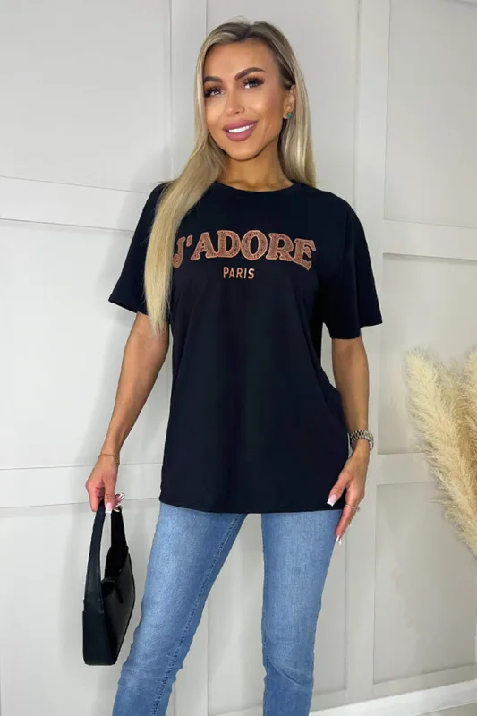 Black J'Adore Rose Gold Slogan T-Shirt sold by AX Paris