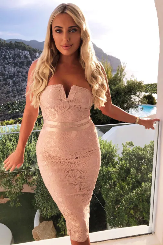 Mushroom Lace Notch Front Midi Dress sold by AX Paris