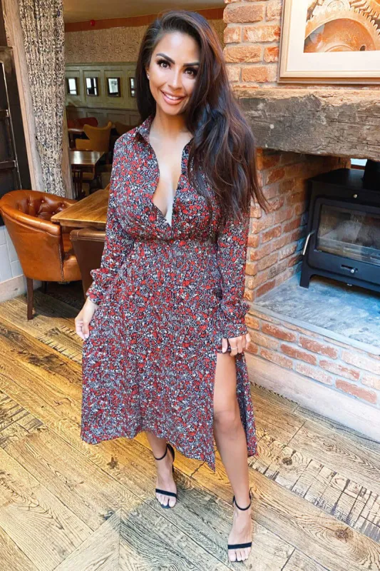 Red Ditsy Floral Button Up Midi Dress sold by AX Paris