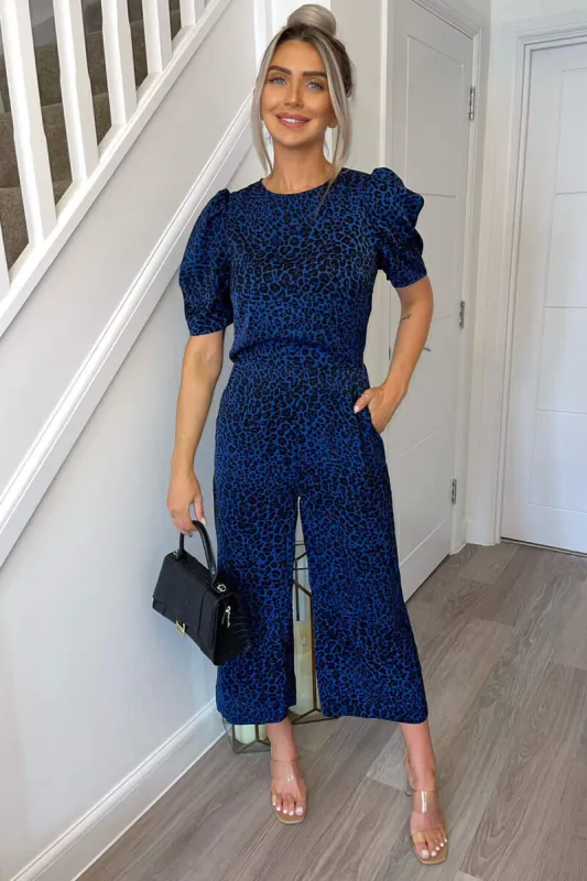 Blue Animal Print Puff Sleeve Jumpsuit sold by AX Paris