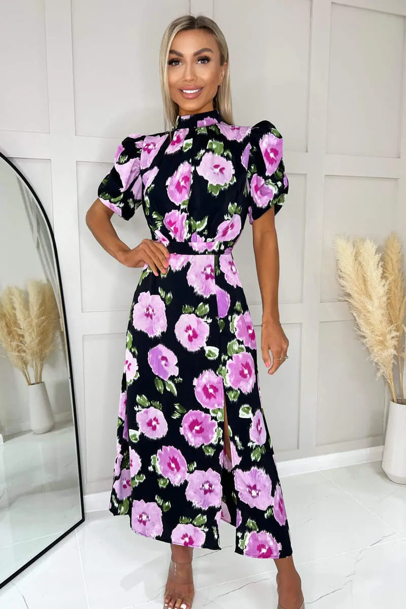 Black Floral Printed Short Puff Sleeve Midi Dress sold by AX Paris product image thumbnail 3