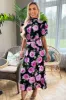 Black Floral Printed Short Puff Sleeve Midi Dress sold by AX Paris