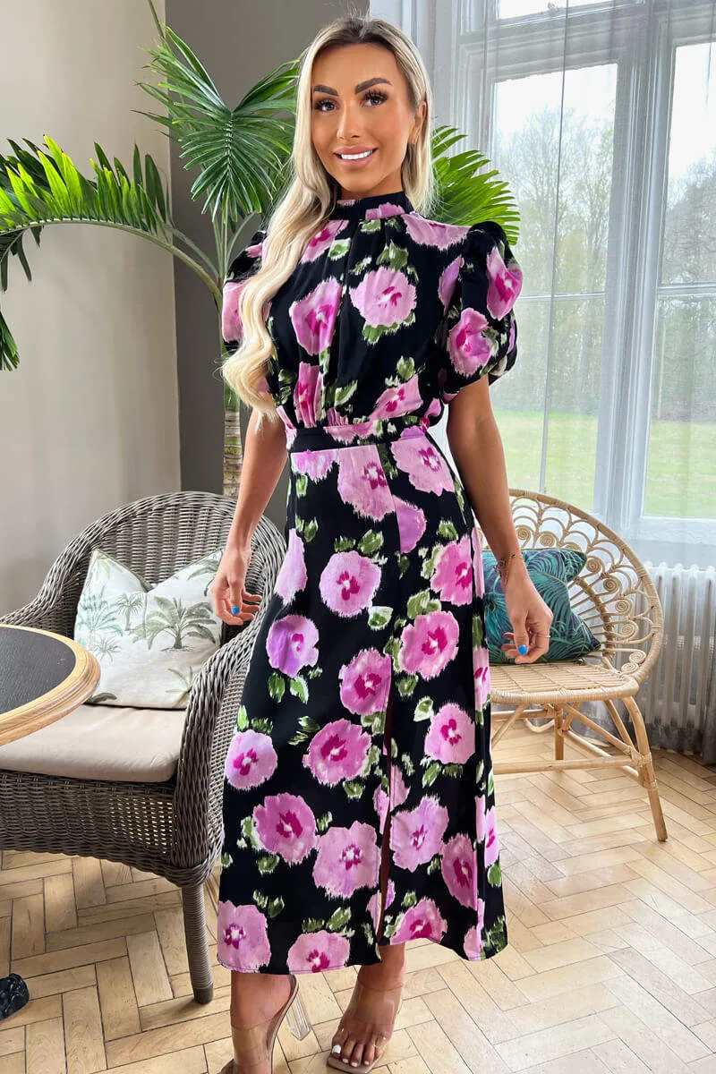 Black Floral Printed Short Puff Sleeve Midi Dress sold by AX Paris product image thumbnail 4