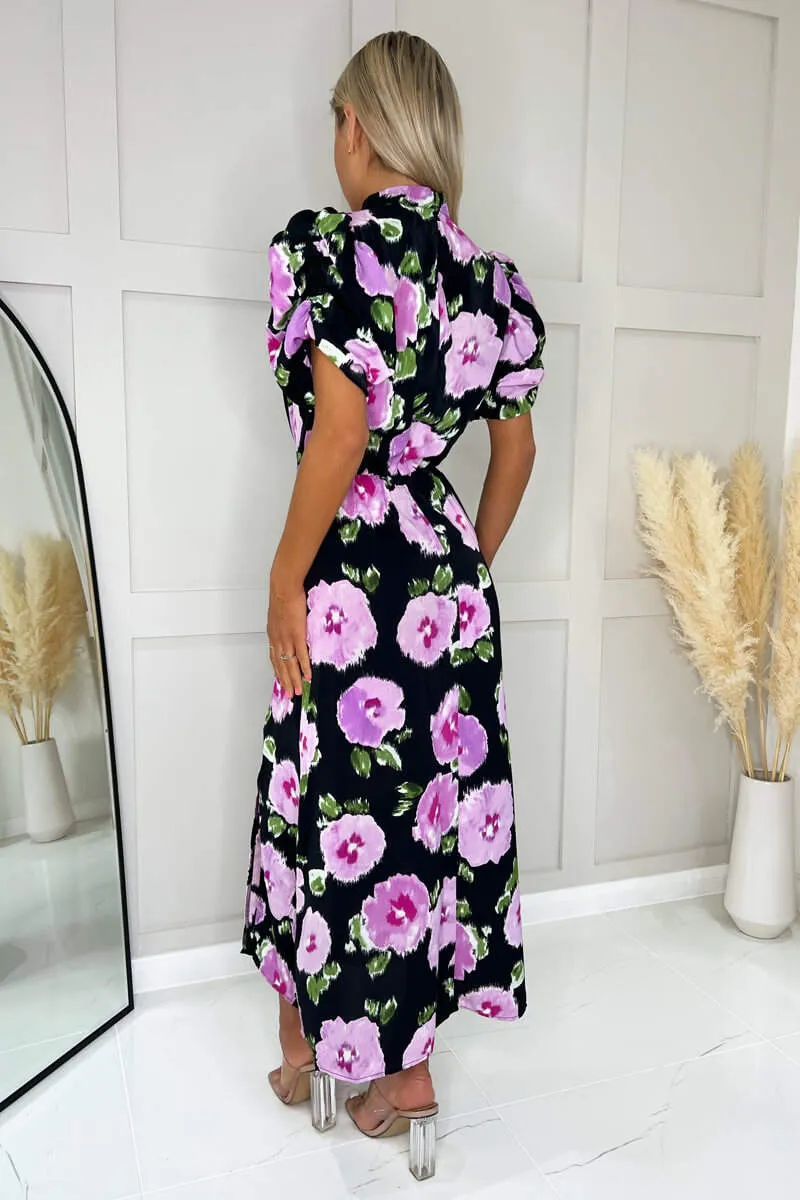 Black Floral Printed Short Puff Sleeve Midi Dress sold by AX Paris product image thumbnail 5