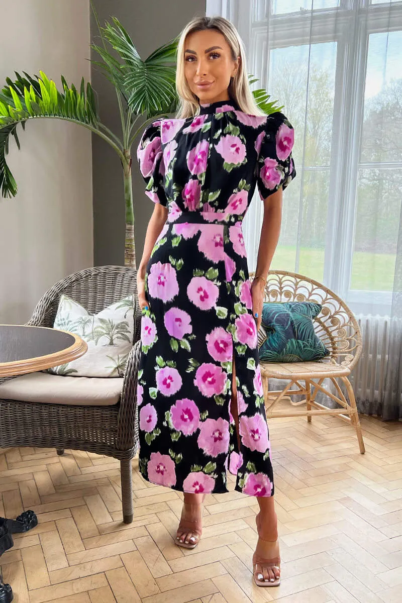 Black Floral Printed Short Puff Sleeve Midi Dress sold by AX Paris product image thumbnail 2