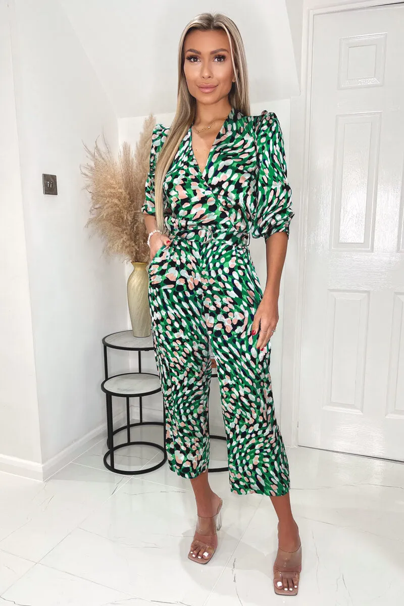 Green and Pink Printed V Neck Belted Jumpsuit sold by AX Paris