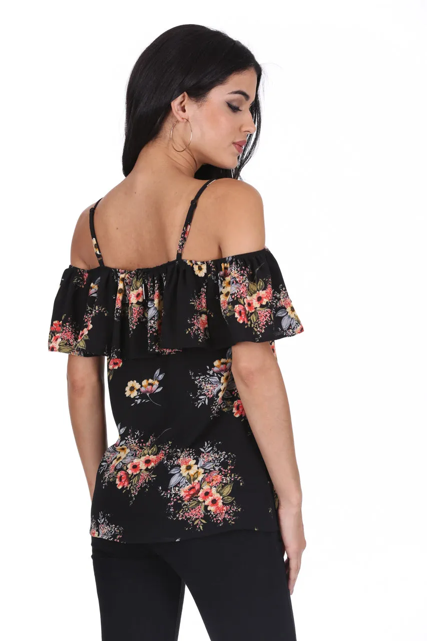 Black Floral Printed Off The Shoulder Frill Top sold by AX Paris product image thumbnail 3