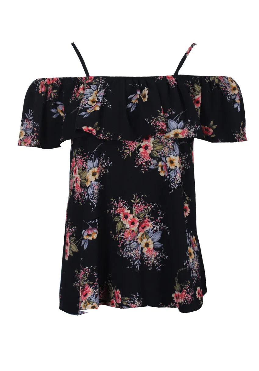 Black Floral Printed Off The Shoulder Frill Top sold by AX Paris product image thumbnail 4