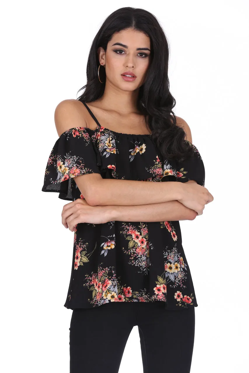 Black Floral Printed Off The Shoulder Frill Top sold by AX Paris