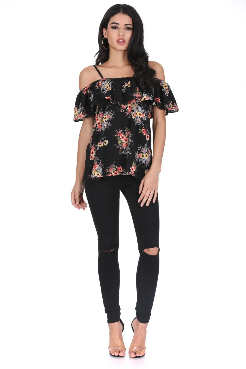 Black Floral Printed Off The Shoulder Frill Top sold by AX Paris product image thumbnail 2