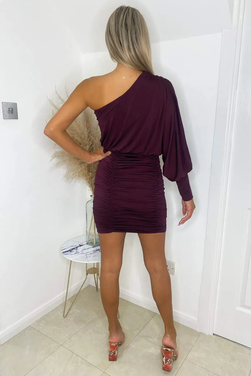 Plum One Sleeve Ruched Mini Dress sold by AX Paris product image thumbnail 4