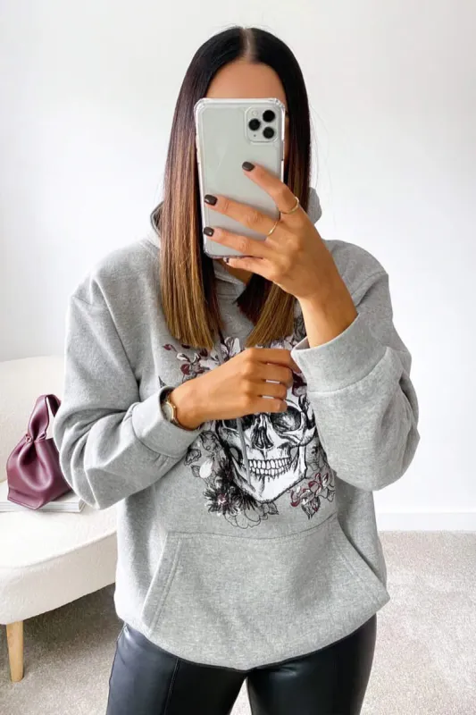 Grey Skull Printed Hoodie sold by AX Paris