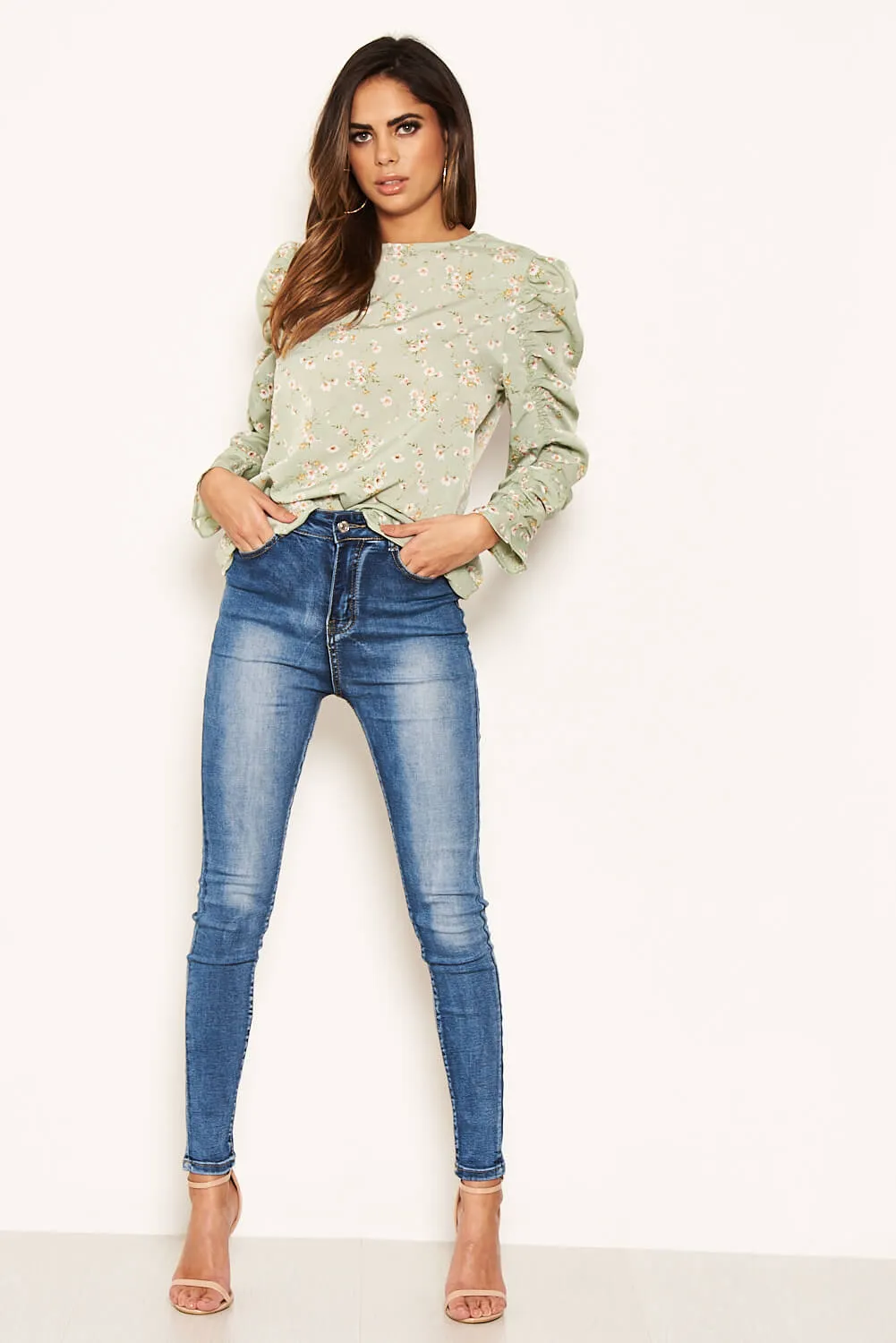 Mint Floral Puffed Ruched Long Sleeve Top sold by AX Paris product image thumbnail 2