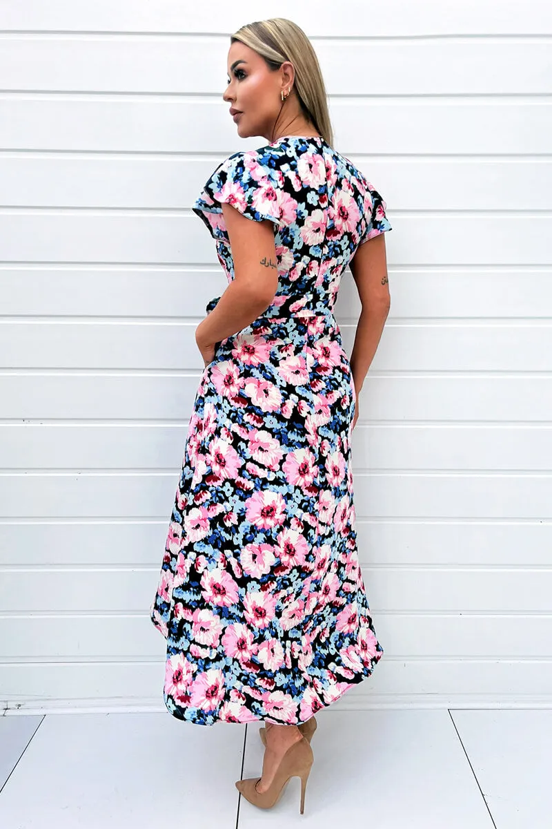 Pink Floral Print Short Sleeve Belted Wrap Midi Dress sold by AX Paris product image thumbnail 4