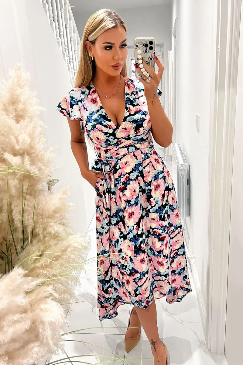 Pink Floral Print Short Sleeve Belted Wrap Midi Dress sold by AX Paris