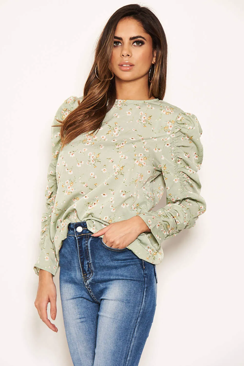 Mint Floral Puffed Ruched Long Sleeve Top sold by AX Paris product image thumbnail 3