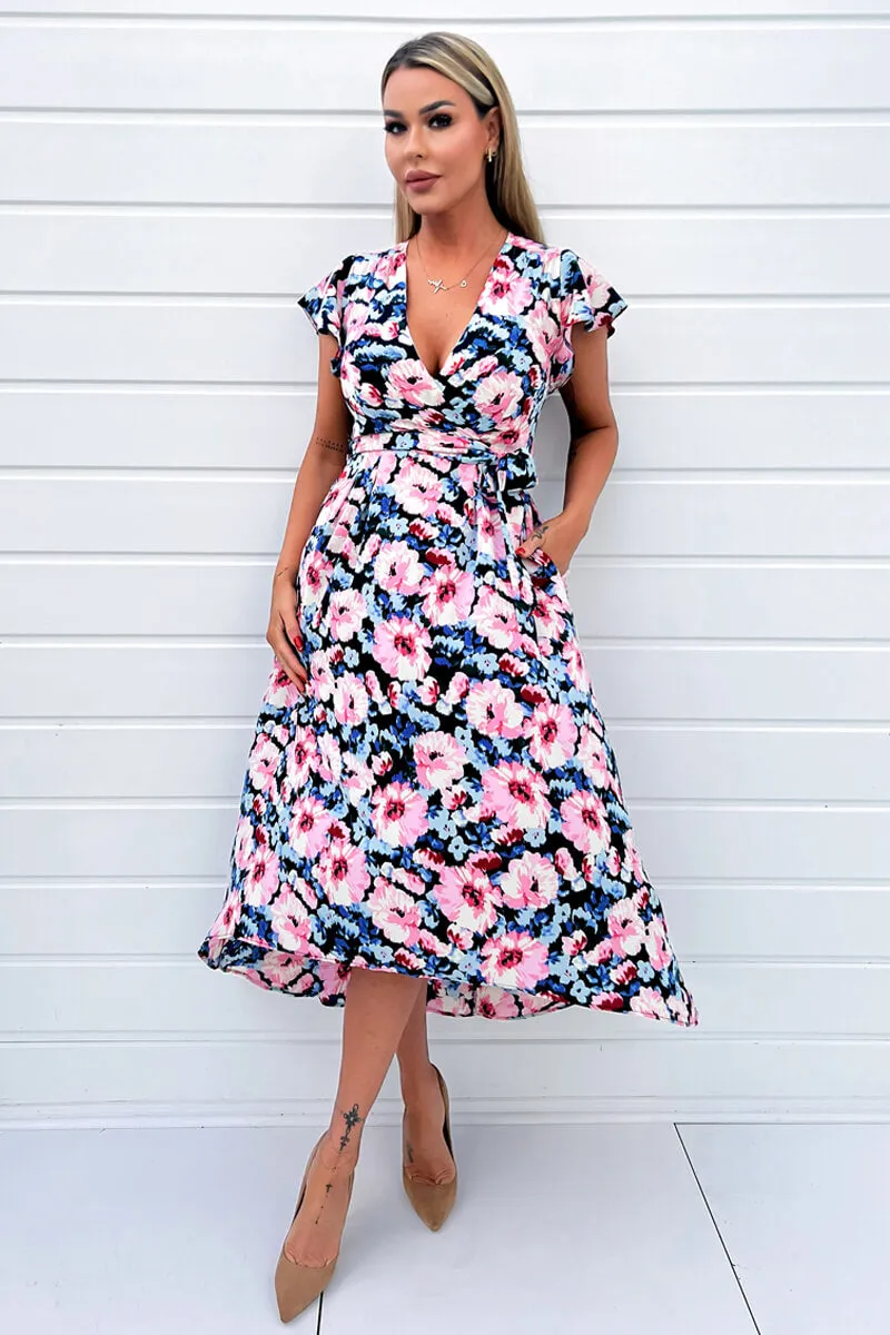 Pink Floral Print Short Sleeve Belted Wrap Midi Dress sold by AX Paris product image thumbnail 2