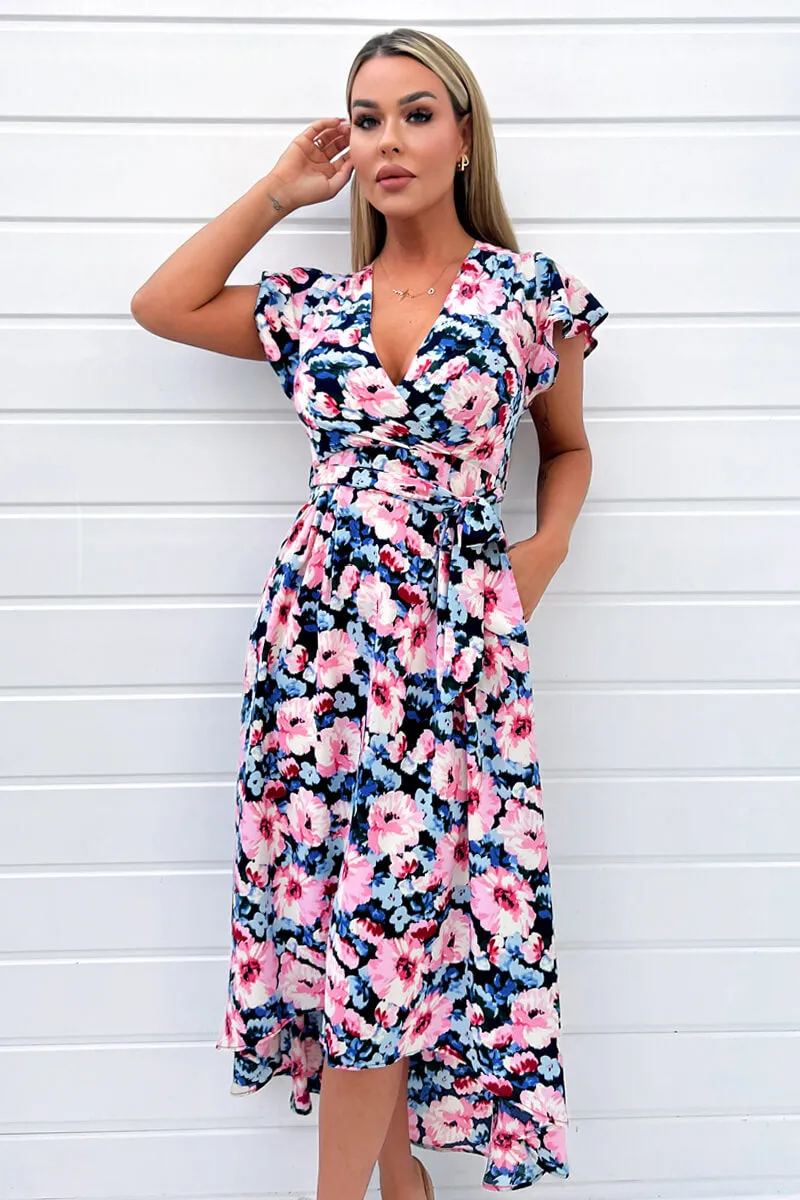 Pink Floral Print Short Sleeve Belted Wrap Midi Dress sold by AX Paris product image thumbnail 3