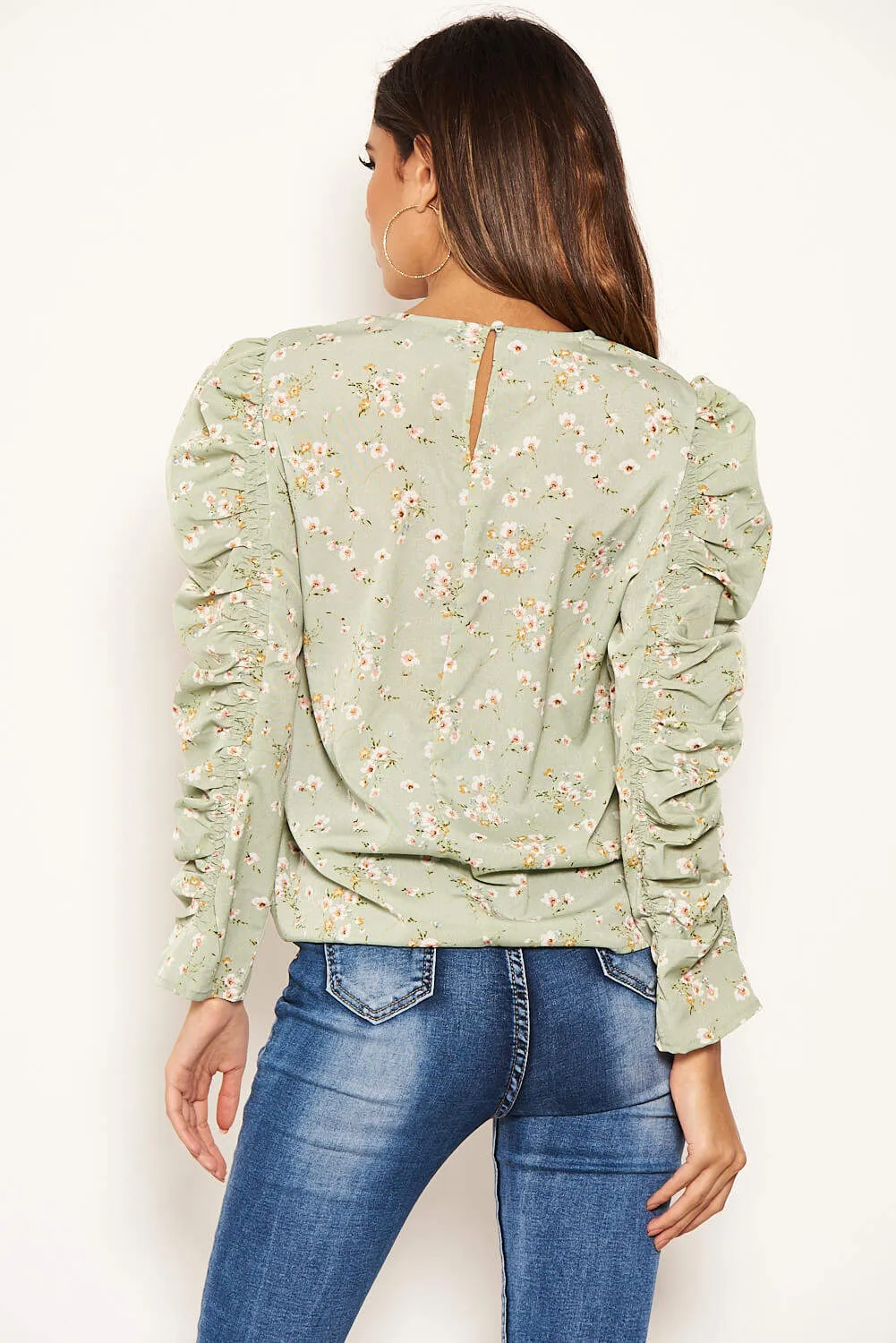 Mint Floral Puffed Ruched Long Sleeve Top sold by AX Paris product image thumbnail 5