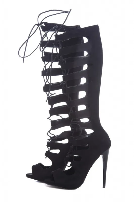 Suede Knee High Lace Up Gladiator Heels sold by AX Paris