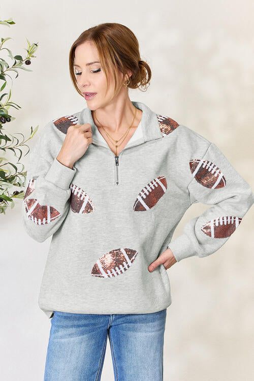Double Take Full Size Sequin Football Half Zip Long Sleeve Sweatshirt sold by Back2Basics product image thumbnail 3