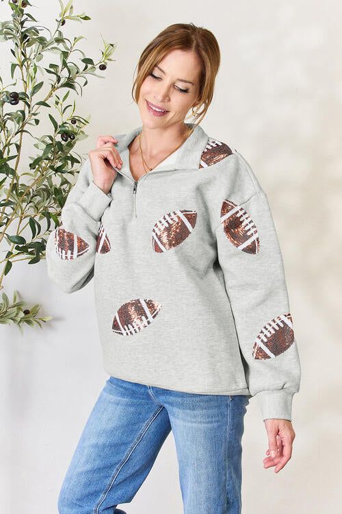 Double Take Full Size Sequin Football Half Zip Long Sleeve Sweatshirt sold by Back2Basics product image thumbnail 4