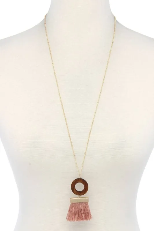 Wooden Circle Tassel Pendant Necklace sold by Back2Basics