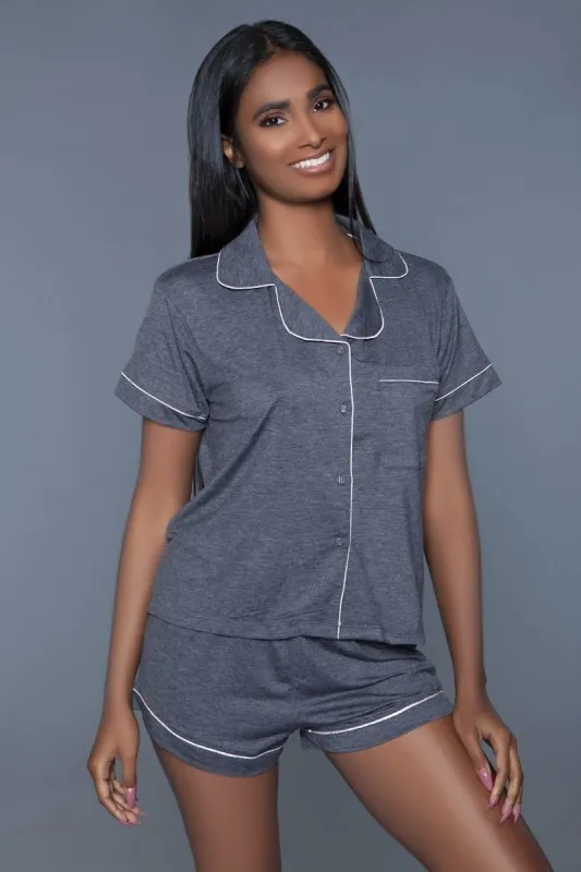 Soft Jersey Pajama Set With Buttoned Short Sleeves Top And Stretch Waist Bottoms sold by Back2Basics