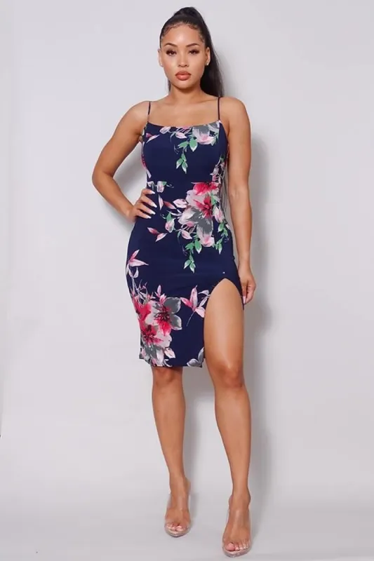 Sexy Spaghetti Strap Front Slit Floral Midi Dress sold by Back2Basics