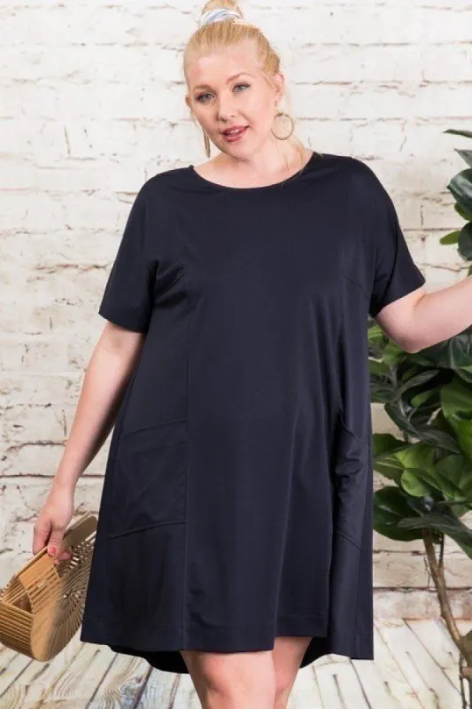 Pleated Back Short Sleeve Solid Dress With Pockets sold by Back2Basics
