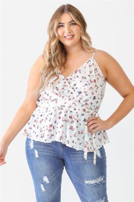 Plus Floral Sleeveless Wrap Neck Flare Hem Top sold by Back2Basics